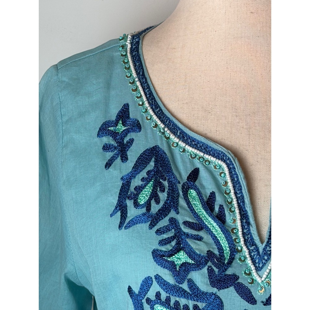 Journal Embroidered Tunic Women 6 Turquoise Blue Beaded Boho Cotton Top Cottage - Picture 9 of 13